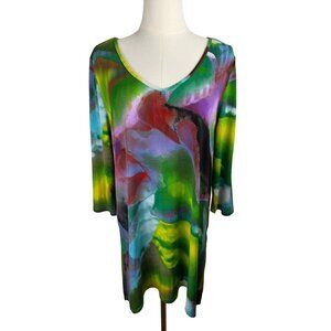 Clara Sunwoo Top Medium Multicolor Watercolor Print Tunic Green Artsy Abstract